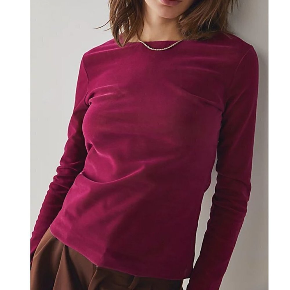 NWOT Free People Flocked Long-Sleeve in Dark Rhubarb Woman’s Size Small